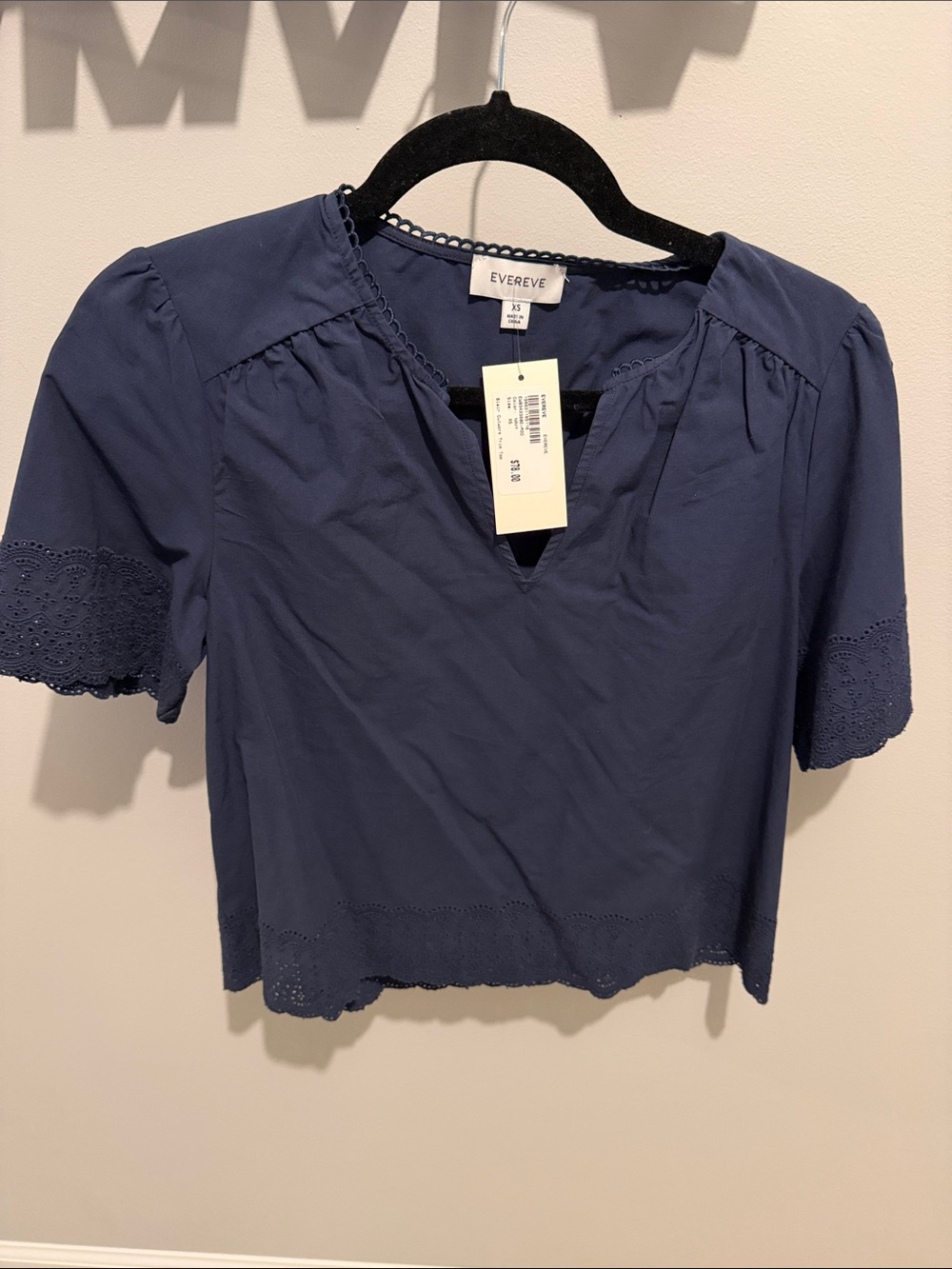 Evereve Navy Eyelet Short Sleeve Notch Blouse